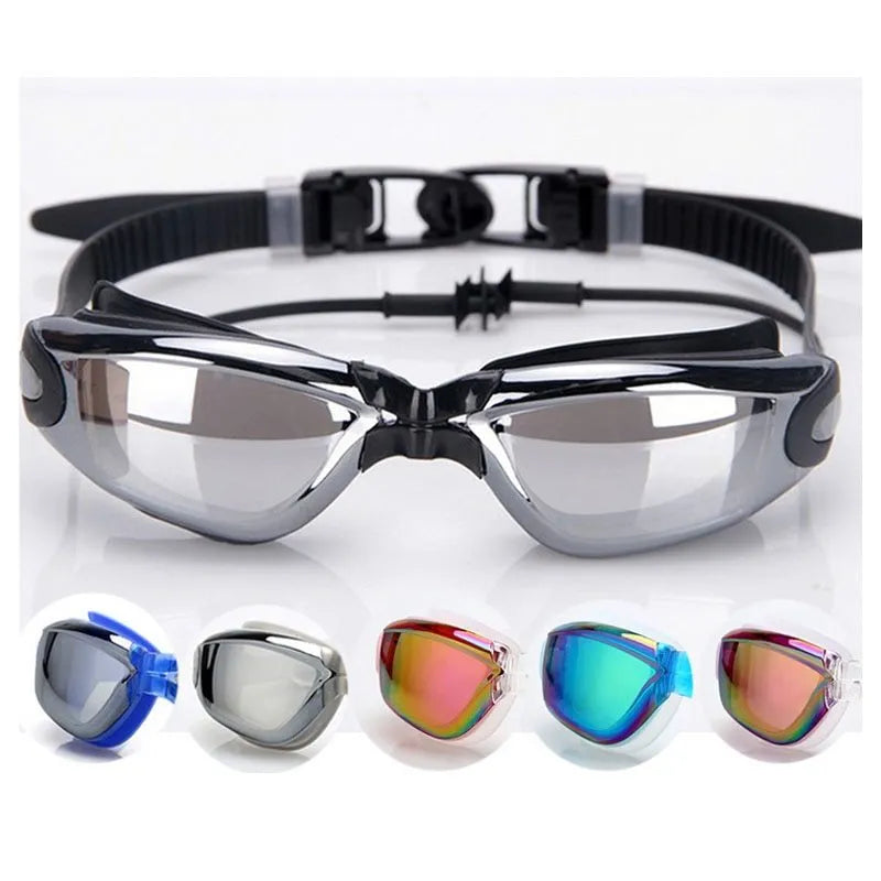 HD plating silicone anti-fog swimming goggles for adults, black, with polycarbonate lens and UV protection
