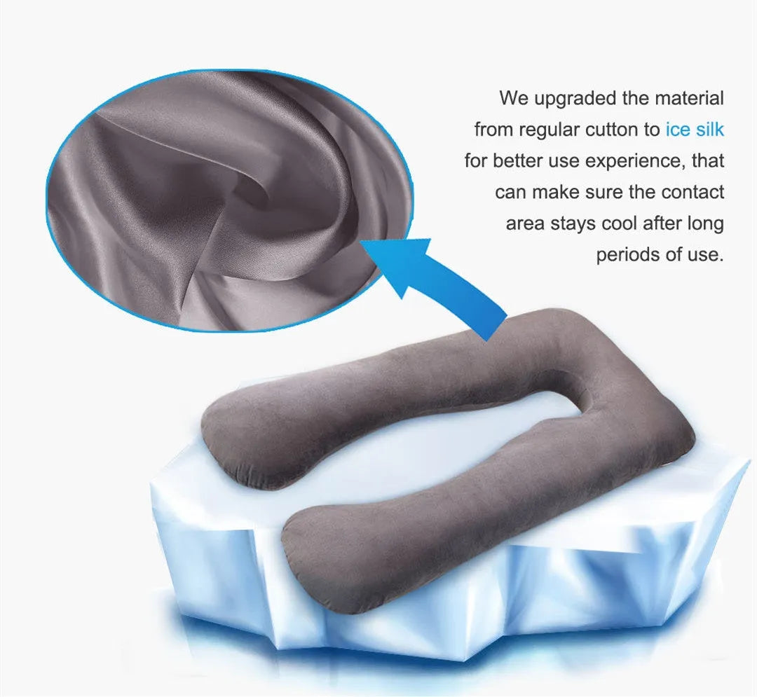 U-shaped pregnancy pillow in ice silk fabric, shown in grey colour.