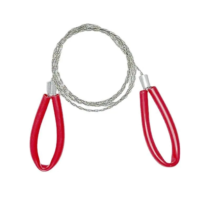 Black and red survival wire saw with leather case, showing coiled stainless steel wire and its compact size.