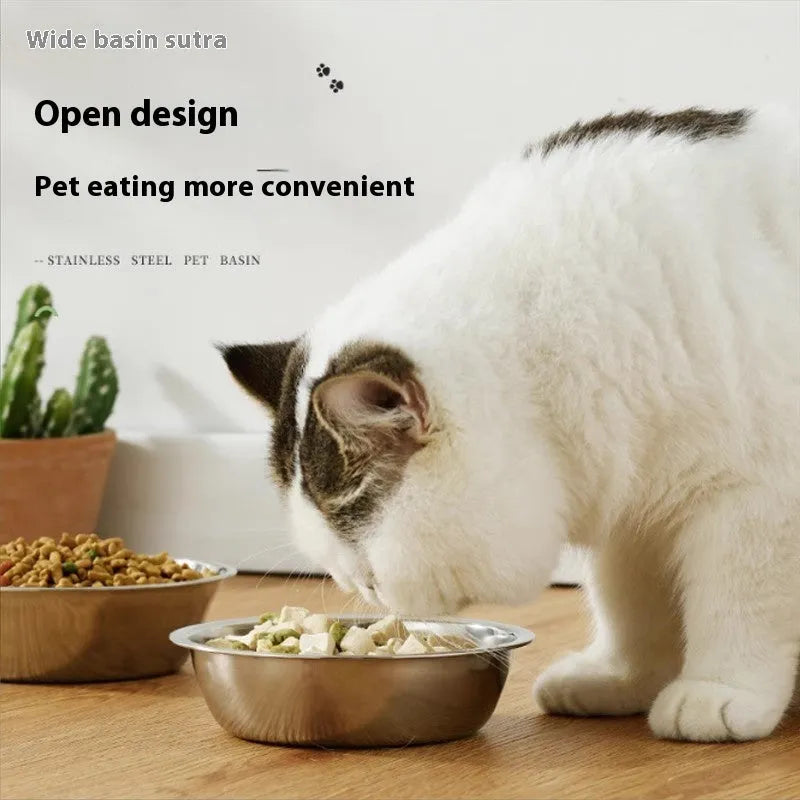 Stainless steel pet food bowl with grey silicone non-slip base, shown in multiple available sizes.