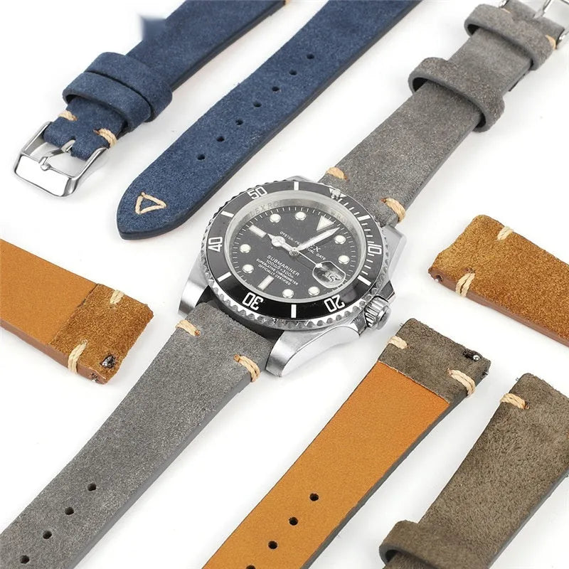 Genuine suede leather watch strap in brown, shown in a small waist design.