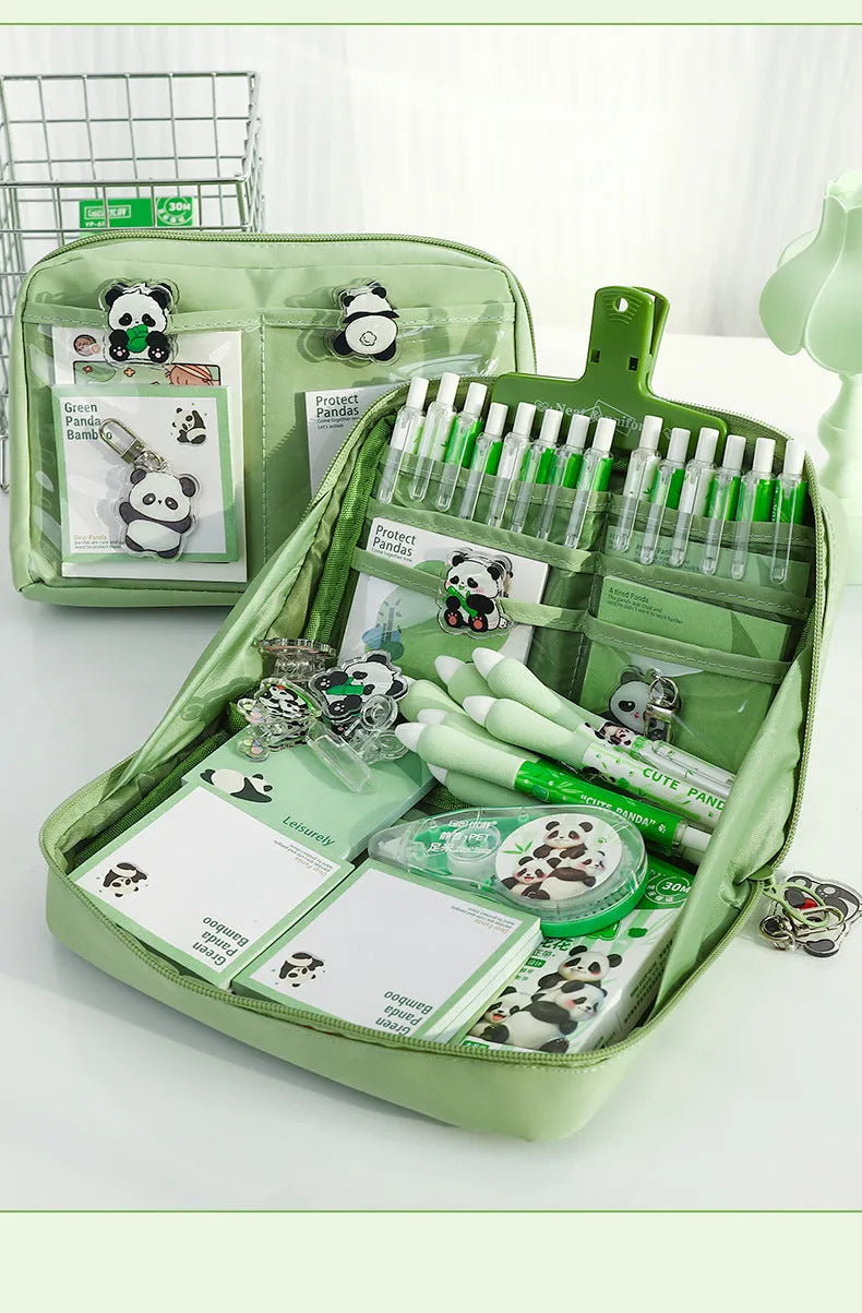 Green canvas panda pencil case with 12 internal storage layers for stationery organisation.