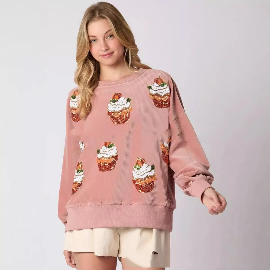 Loose rose pullover sweater with round neck, long sleeves and sequin cake pattern, sizes S to XXL