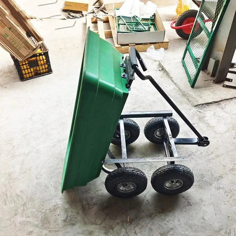Green four-wheel plastic dump truck with steel frame, model TC2145, for farm and garden use.