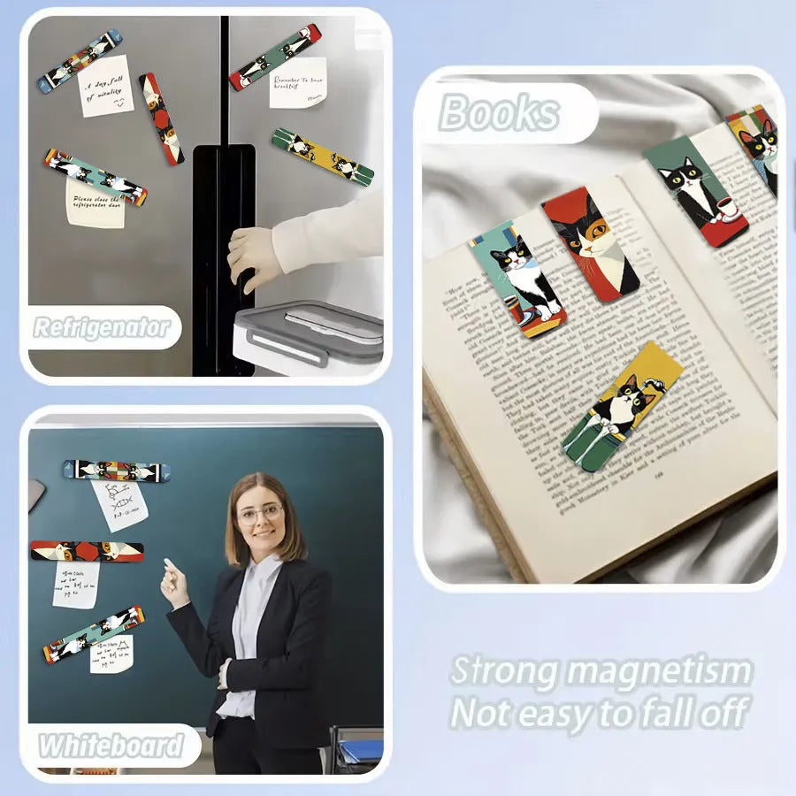 Set of five magnetic bookmarks with cute cat designs in assorted colours, displayed on a book page