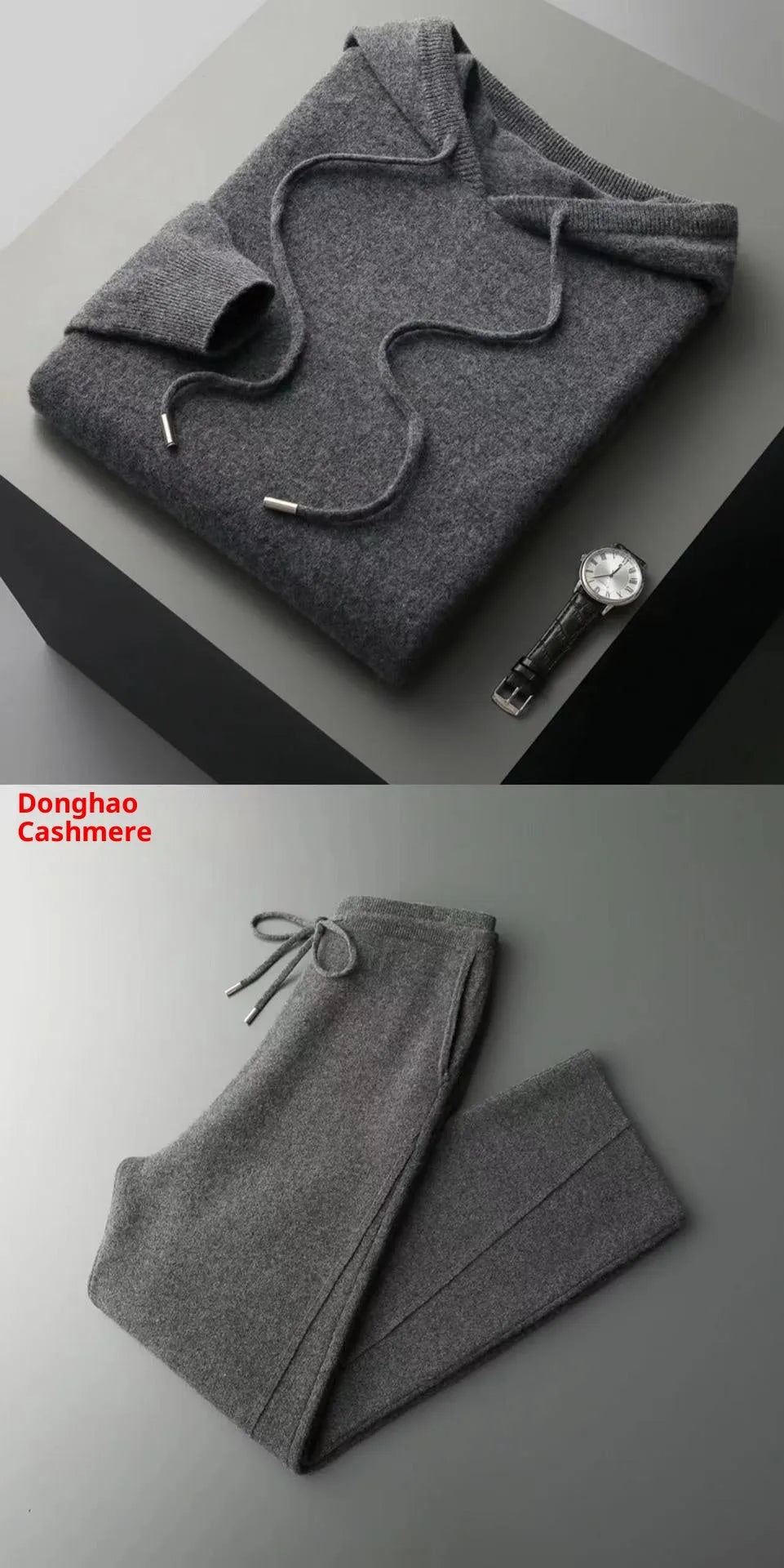 Men's pure wool two-piece set with seamless hoodie and drawstring knitted pants in black, dark grey or light grey