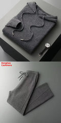 Men's pure wool two-piece set with seamless hoodie and drawstring knitted pants in black, dark grey or light grey