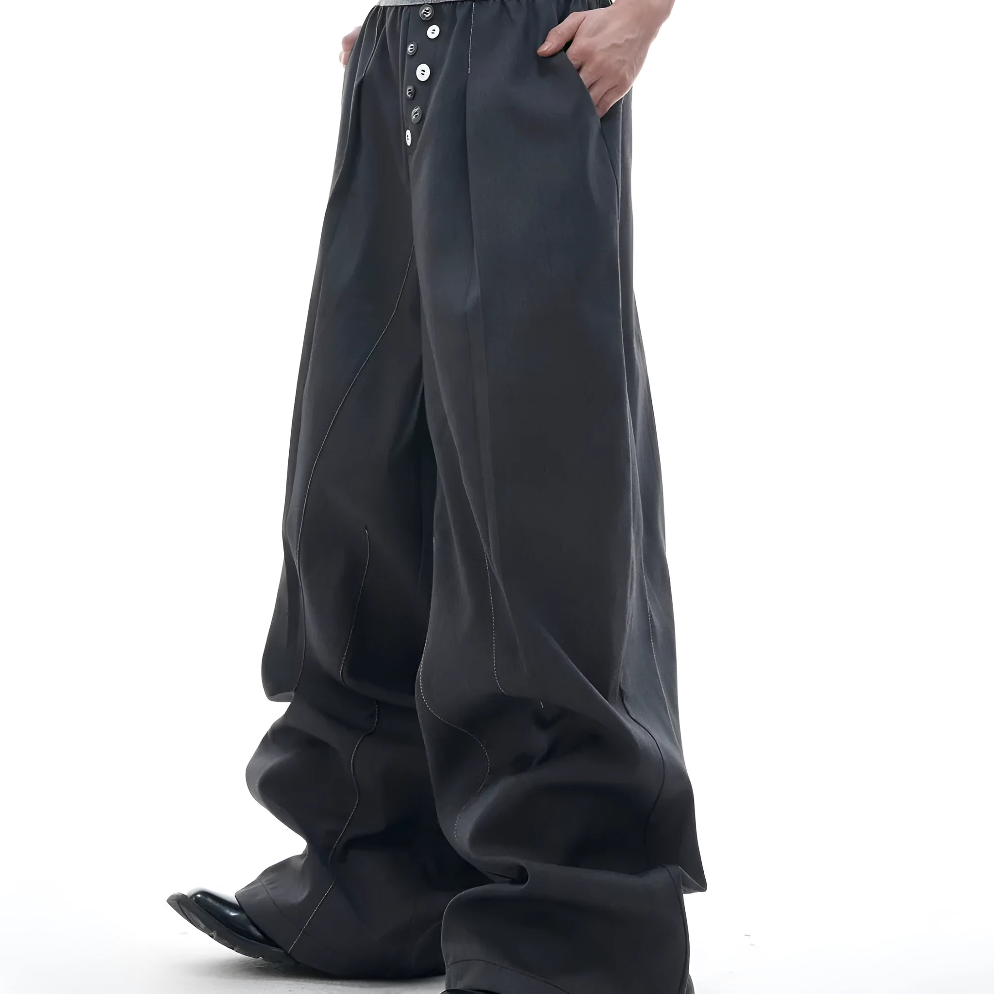 High waist straight-leg suit trousers with button open line design in black or grey colour