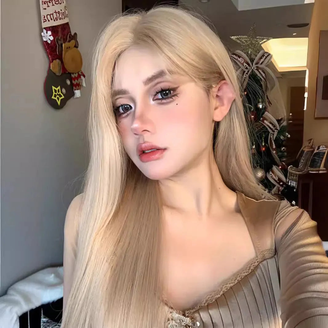 Milk tea blonde straight synthetic wig with hair net on display stand