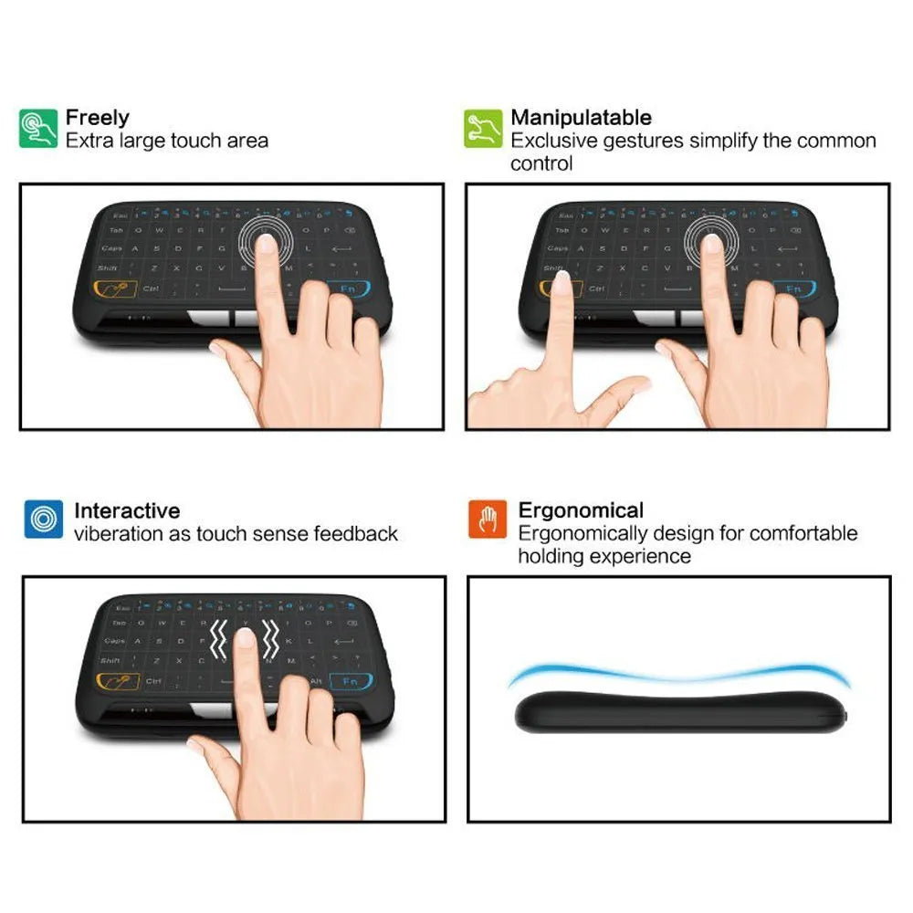 Mini H18 wireless keyboard with 5.3-inch touchpad and 2.4GHz dongle, black finish