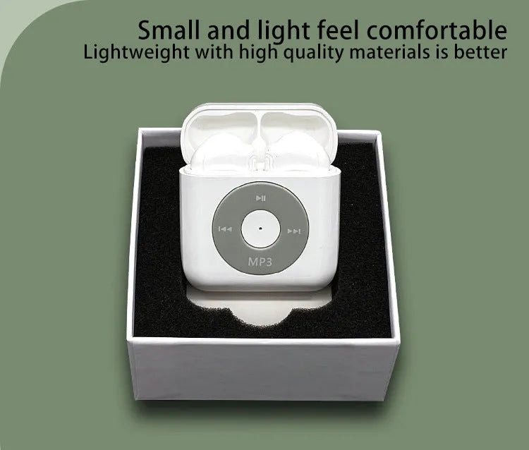 White wireless Bluetooth semi in-ear headphones with a charging case on a solid background.