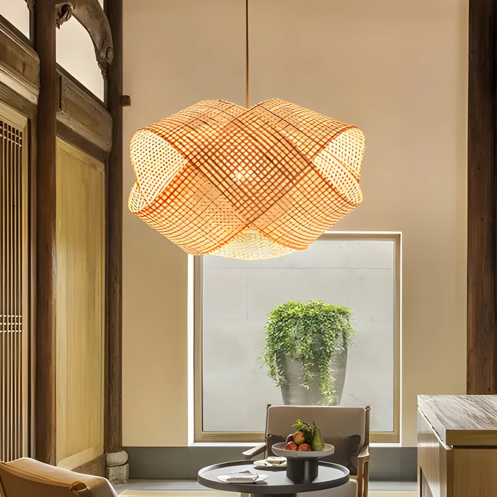 Bamboo woven rattan ceiling lamp with adjustable height in new Chinese style for restaurant lighting