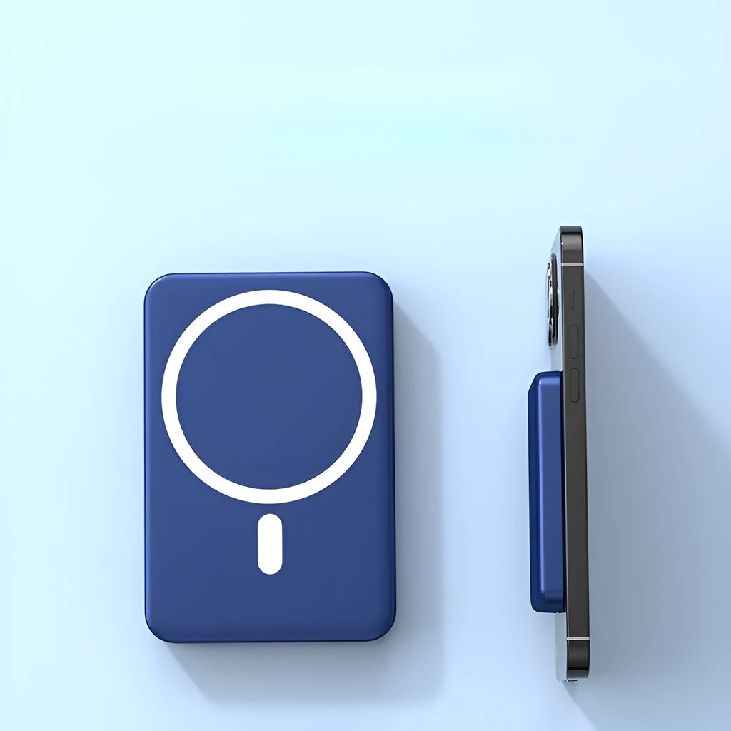 Ultra-thin 10000mAh portable power bank with magnetic wireless charging in white, black, and blue colour variants