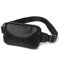 Men's small black cowhide crossbody bag showing front view with dimensions