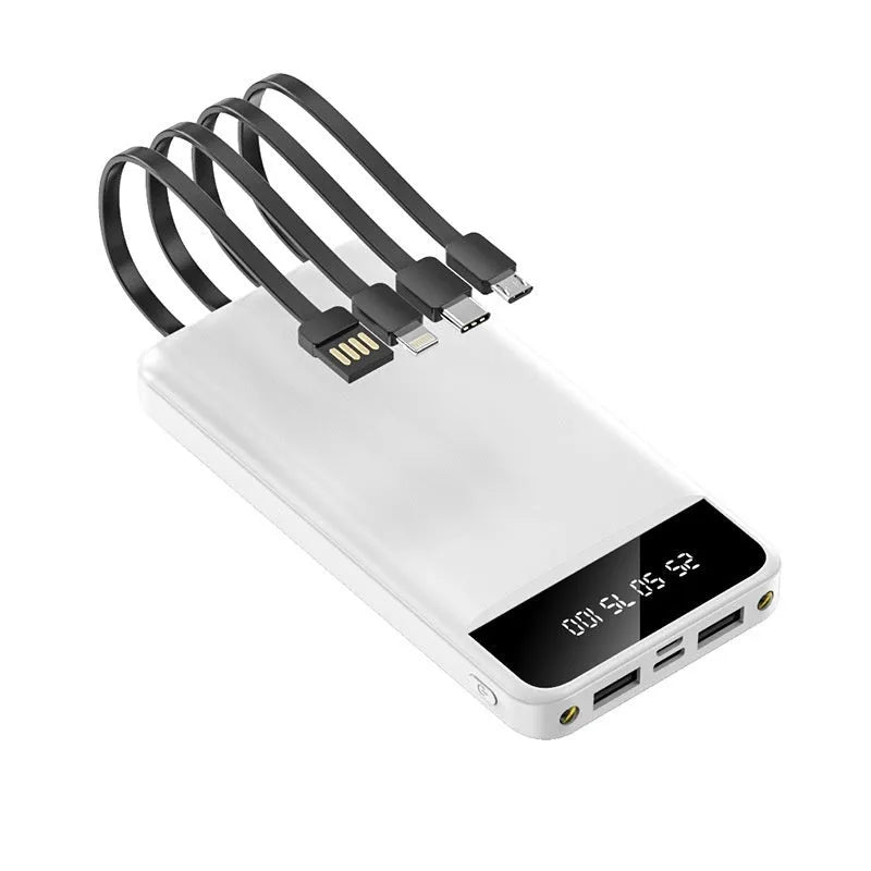 Black industrial-style 20000 mAh power bank with integrated USB charging cable showing compact dimensions.