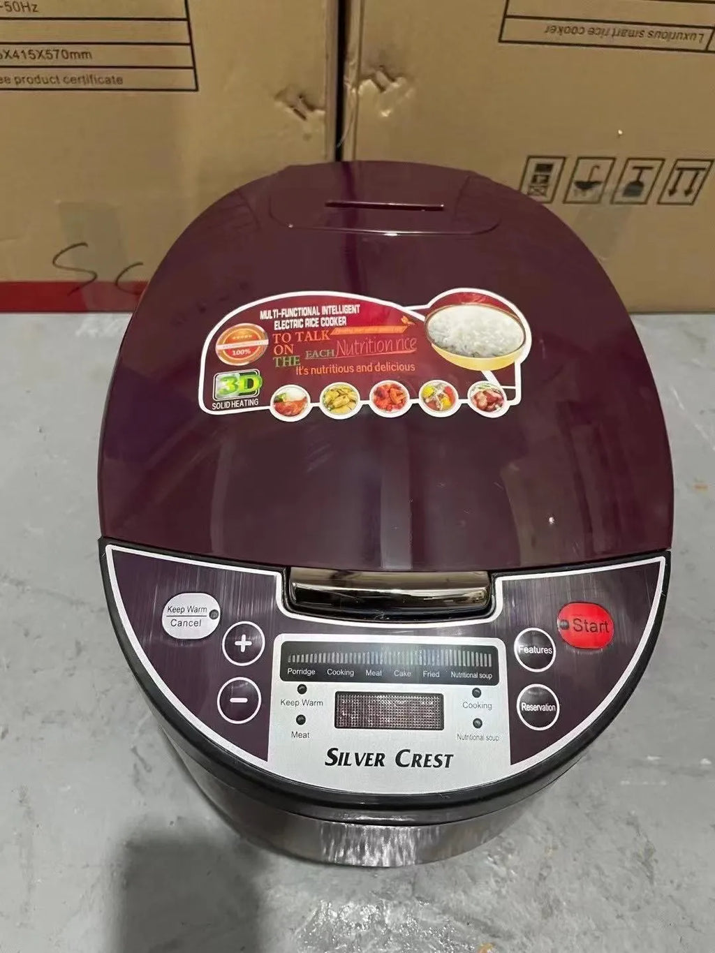 5L smart rice cooker with stainless steel inner pot, LCD display, push-button control, gold or purple, EU plug
