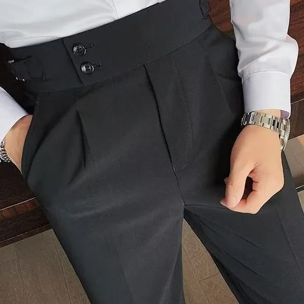 Cotton blend high waist straight casual trousers in black, shown on a model.