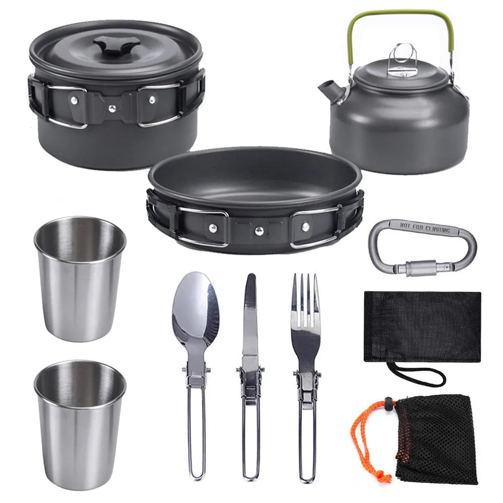 Hard aluminium camping mess kit with teapot, frying pan, boiling pot and cutlery in black colour