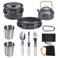 Hard aluminium camping mess kit with teapot, frying pan, boiling pot and cutlery in black colour