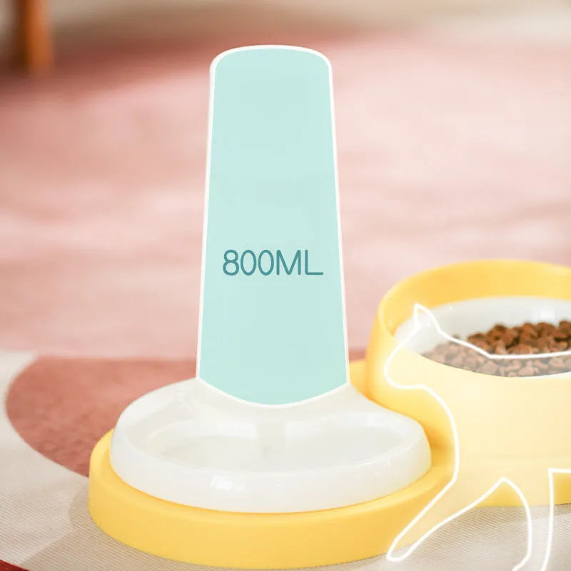 Grey and yellow raised pet double feeding bowl with four dishes and automatic water dispenser.