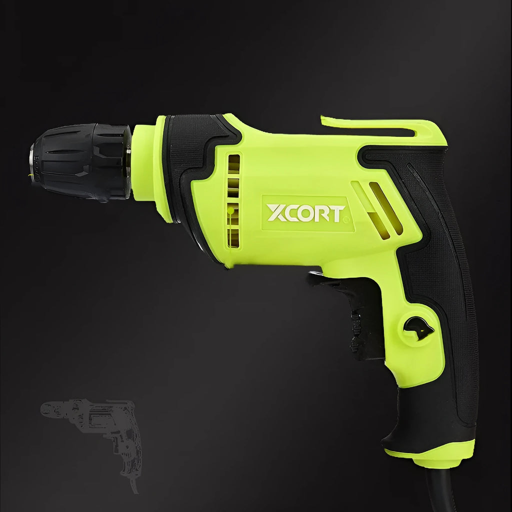 450W pistol-grip electric drill with keyed chuck on a workbench.