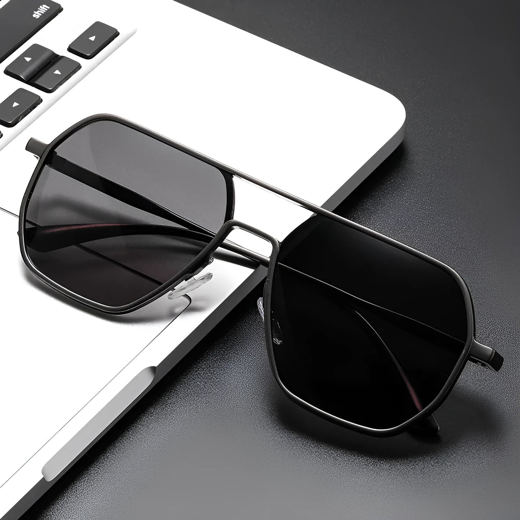 Men's irregular polarized sunglasses with black frame and grey lenses for driving and outdoor use