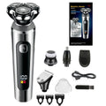 USB rechargeable beard trimmer with digital display and washable head on a five-in-one base.