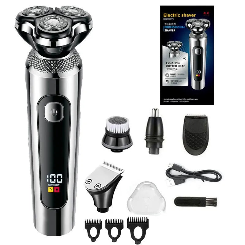USB rechargeable beard trimmer with digital display and washable head on a five-in-one base.