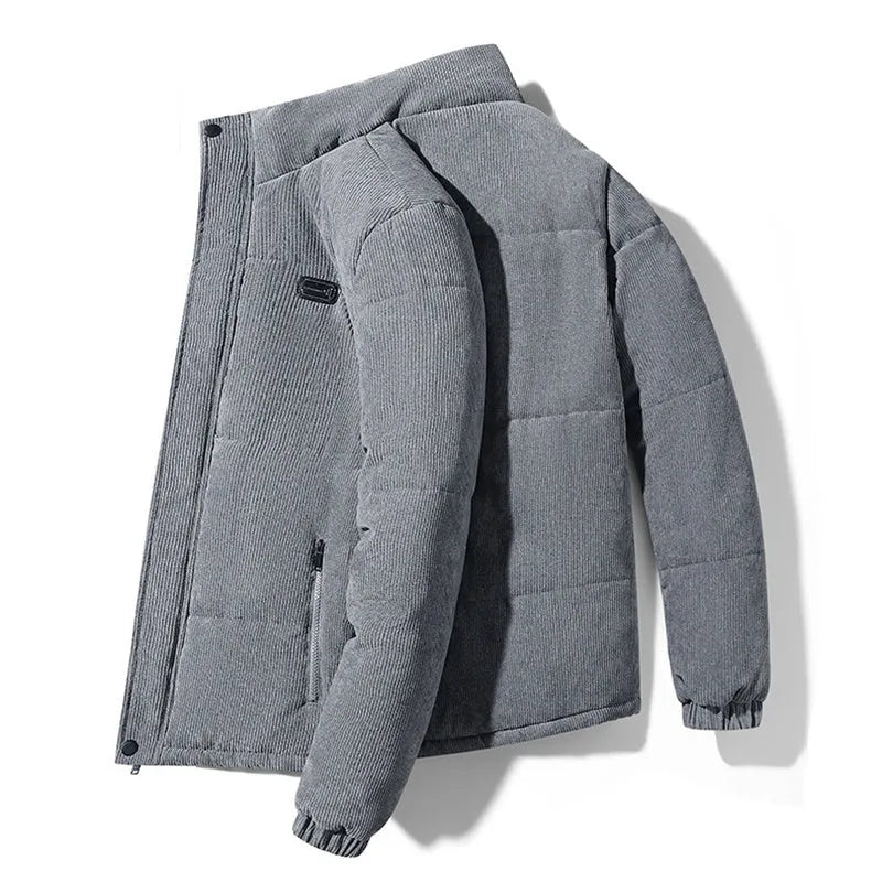 Men's corduroy cotton-padded jacket, fleece-lined, loose fit, 65cm length, round hem, five colours