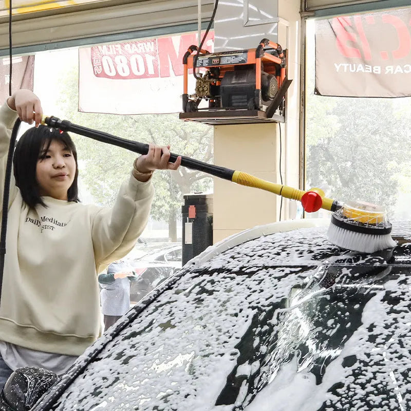 Yellow car wash mop with chenille brush head and three-gear hydraulic control on handle