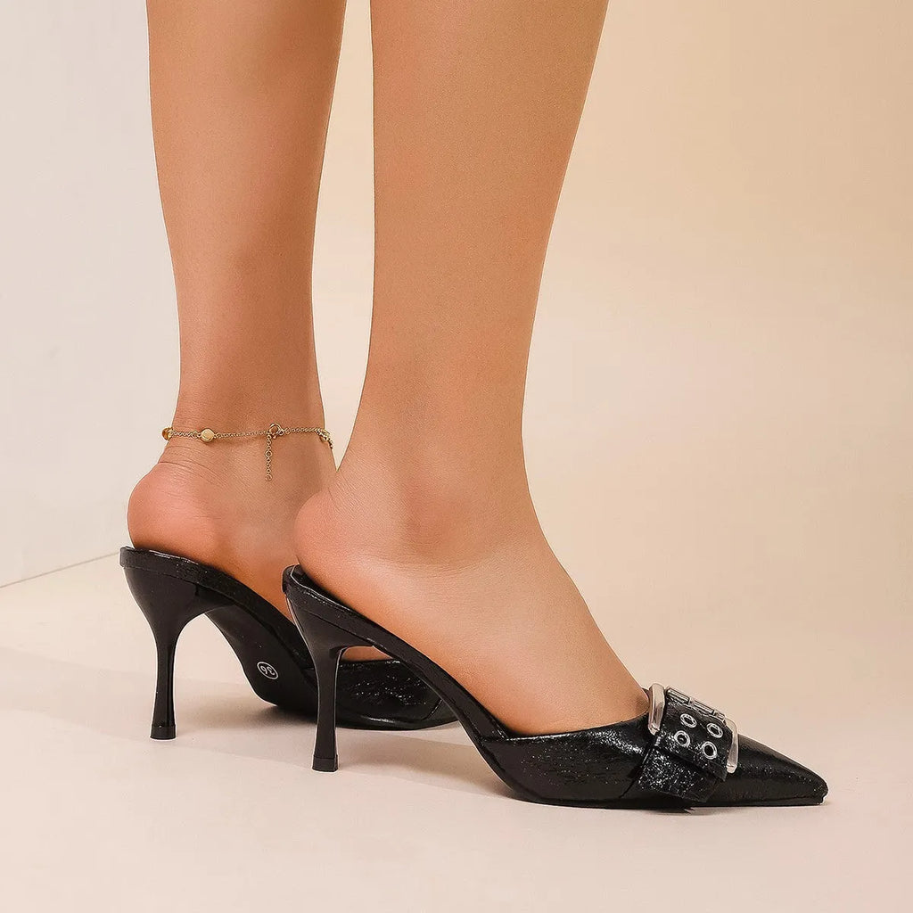 Black women's pointed high heels with metal buckle decoration on thin ankle strap