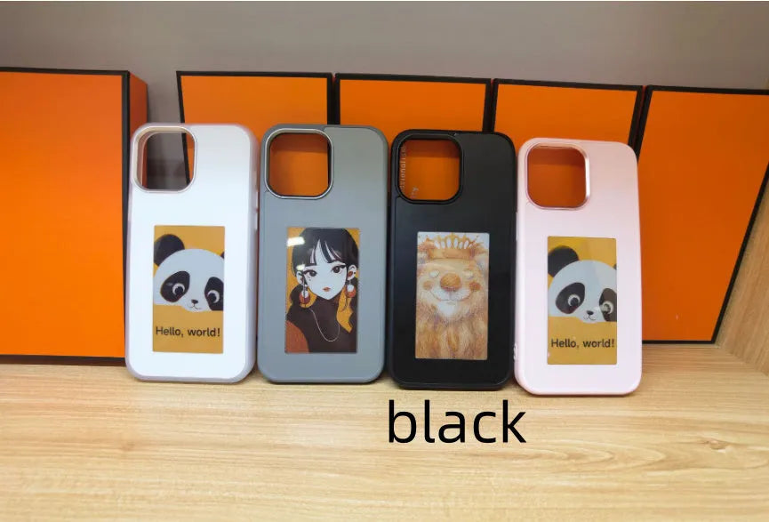 Four-colour e-ink projection phone case for iPhone in white, pink, black, or gray, TPU material, DIY customisable back cover.