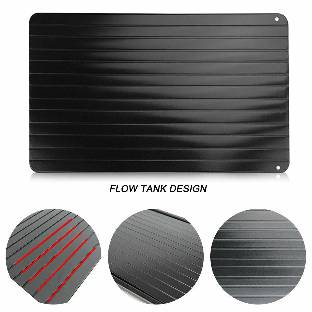 Black rectangular aluminium fast defrost tray for thawing frozen meat and food