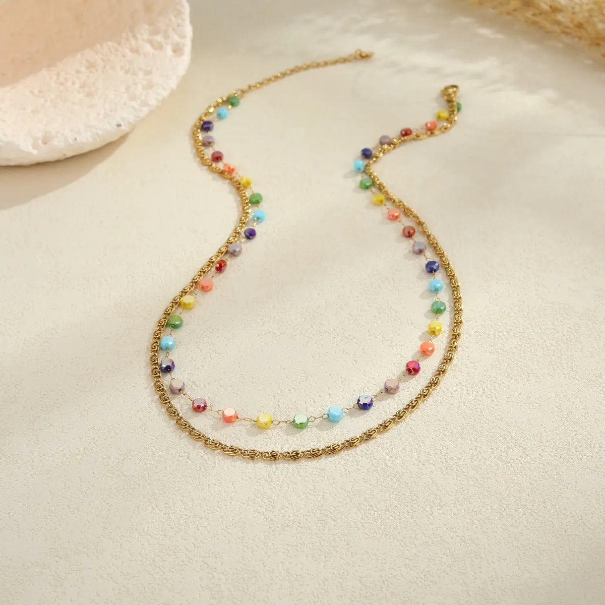 Gold-plated beaded stainless steel double layer twin chain clavicle necklace for women with colourful geometric links