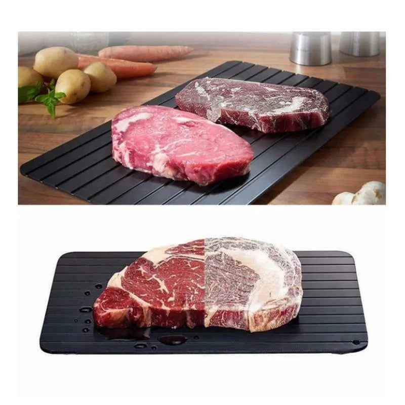 Black rectangular aluminium fast defrost tray for thawing frozen meat and food