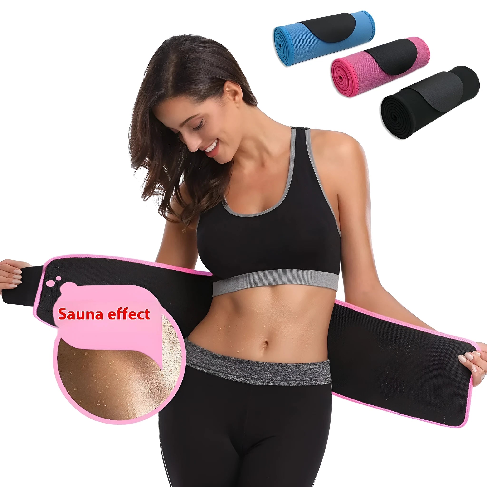 Adjustable neoprene fitness lumbar support belt in black, shown wrapped.