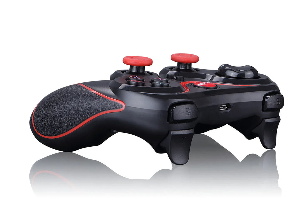 Wireless Bluetooth gamepad in black with attached bracket holding a smartphone
