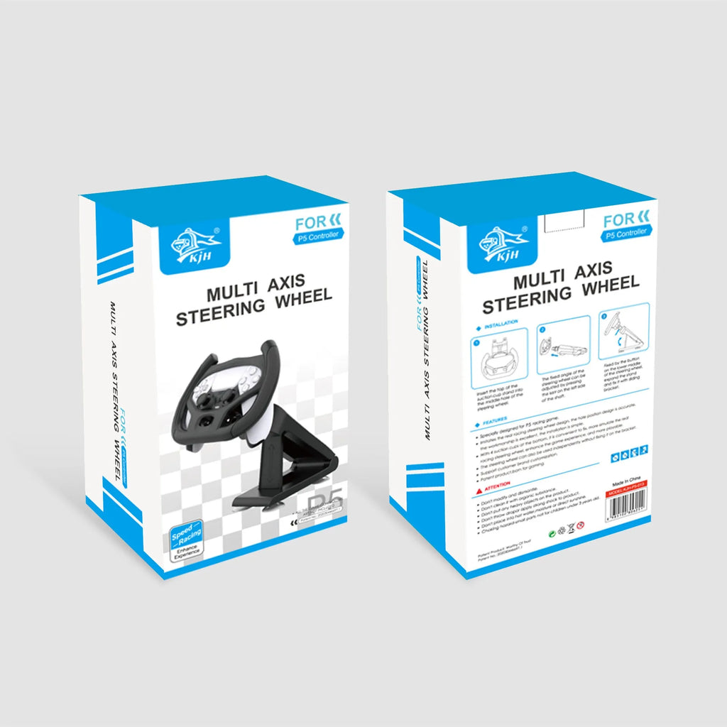 Black universal gamepad steering wheel bracket with suction cup for mobile phones, shown in colour box packaging.
