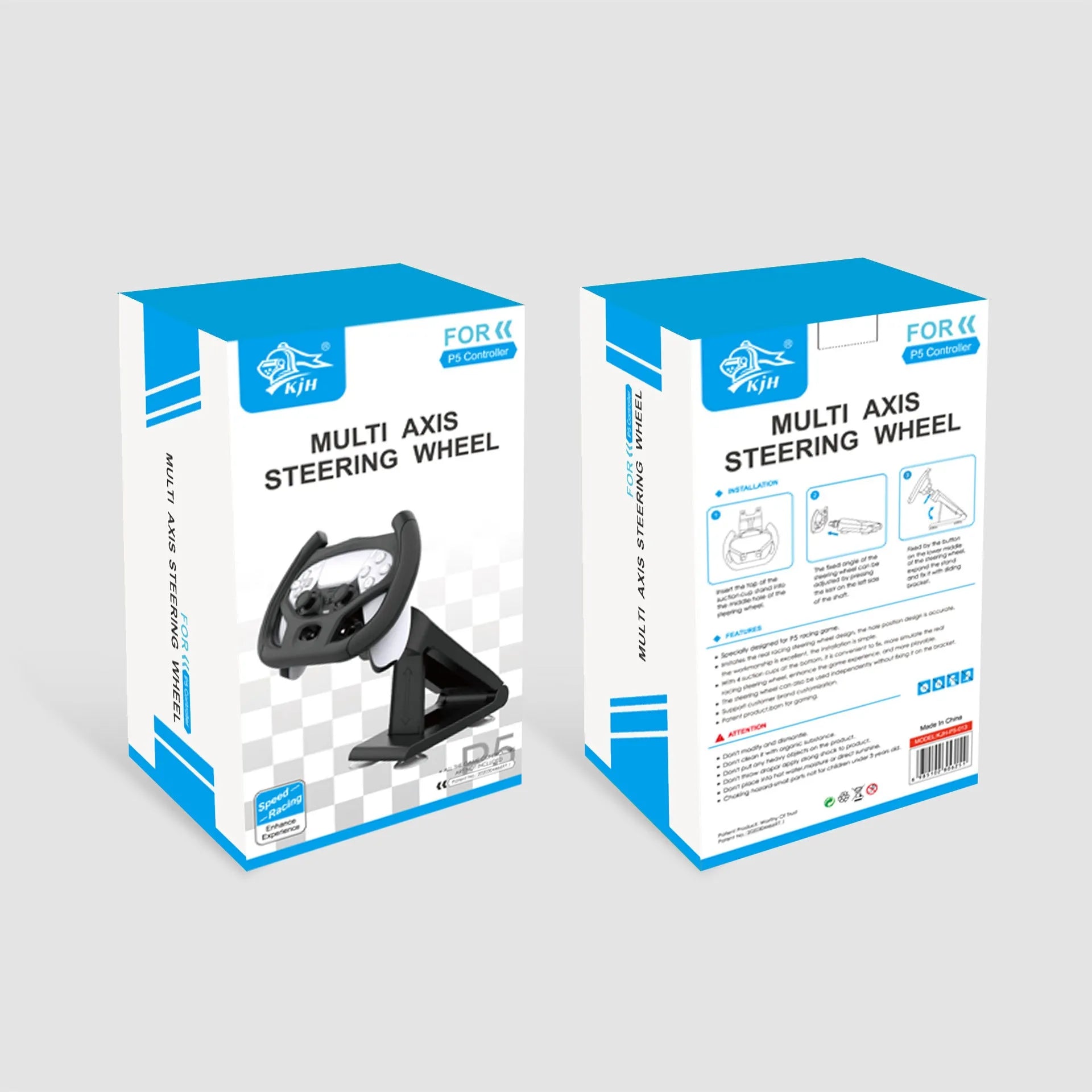 Black universal gamepad steering wheel bracket with suction cup for mobile phones, shown in colour box packaging.