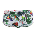 Men's swimming trunks with flower-bird print pattern in nylon fabric showing briefs style