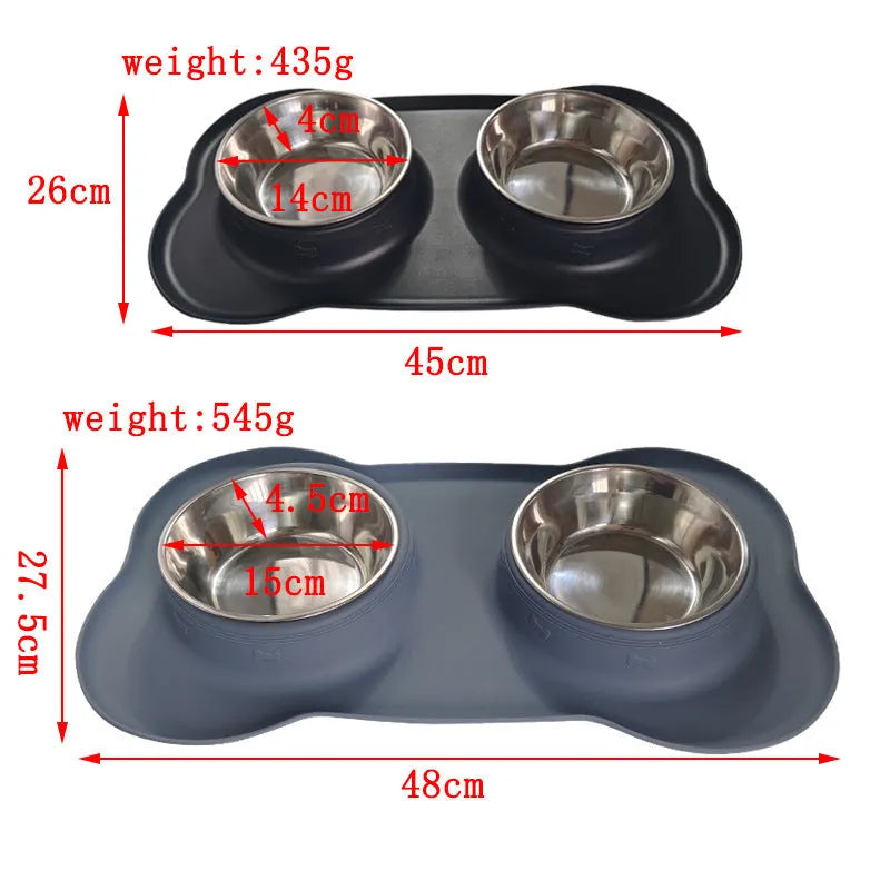 Silicone dog bowl with stainless steel insert in double bowl design, shown in blue colour