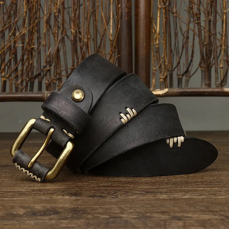 Handmade retro cow leather belt with copper pin buckle, 3.8cm wide, 4mm thick, in brown colour