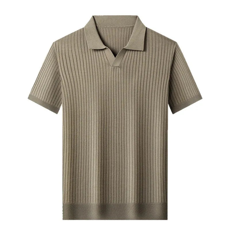 Men's striped mulberry silk T-shirt with lapel collar in multiple colours