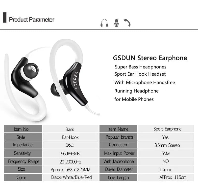 Black earhook sport headphones with a 1.2 metre cable, in-line microphone, and 3.5mm audio plug.