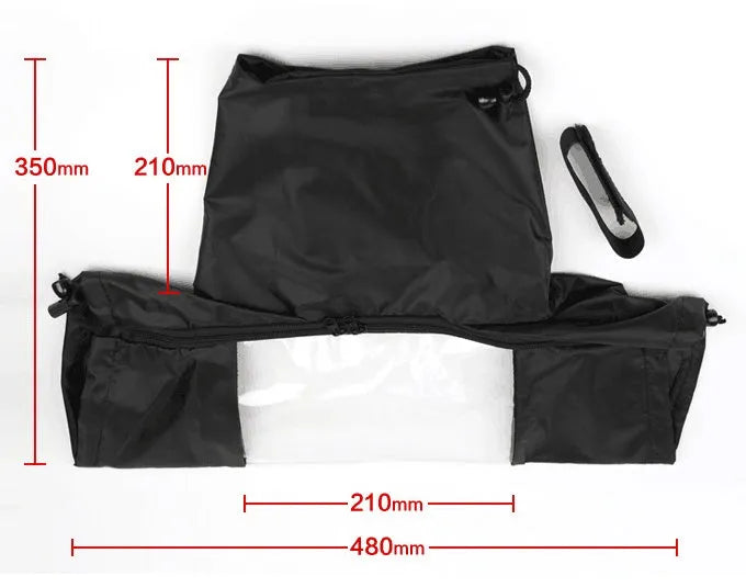 Waterproof rain cover fitted over a DSLR camera with a long telephoto lens attached.