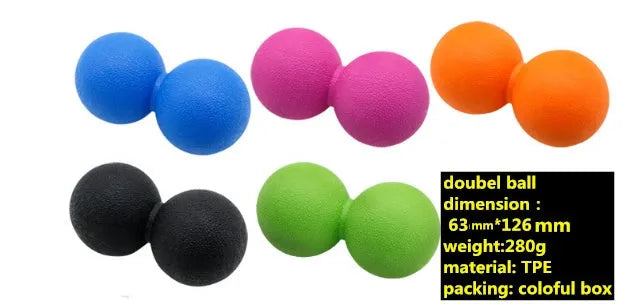 Peanut massage ball in black, blue, green, orange, pink, or purple, hardened material, portable for trigger point massage