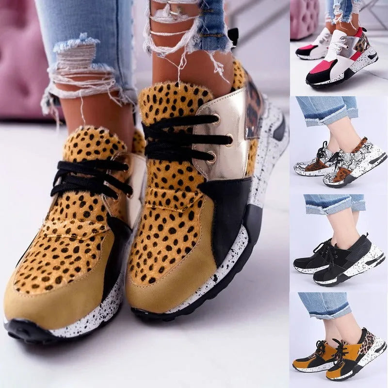 Women's casual suede sneakers with a wedge heel in black, leopard, pink, panther, and snake pattern colours.