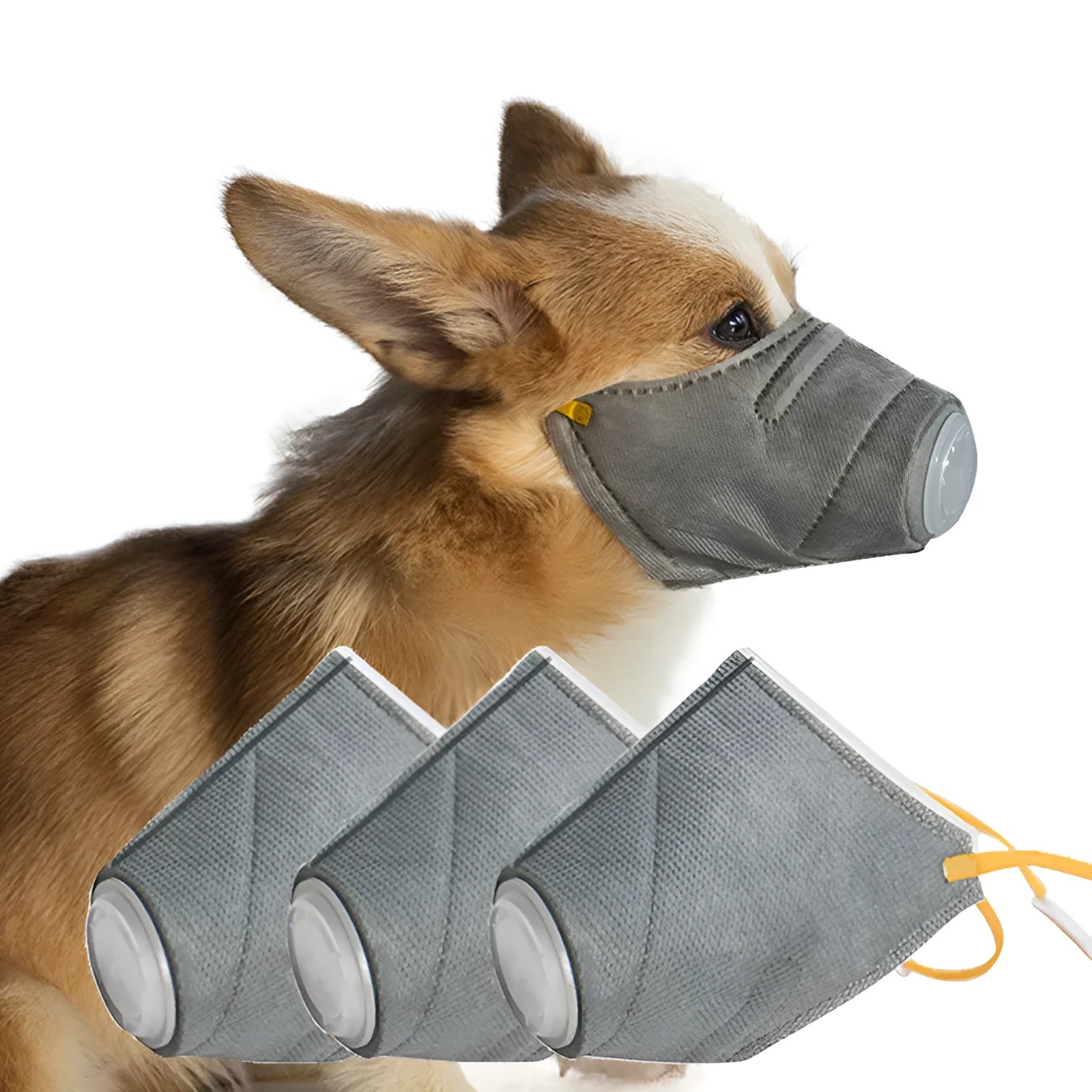 Grey dog anti-fog haze mask with soft cotton mouth cover and Velcro strap for respiratory protection