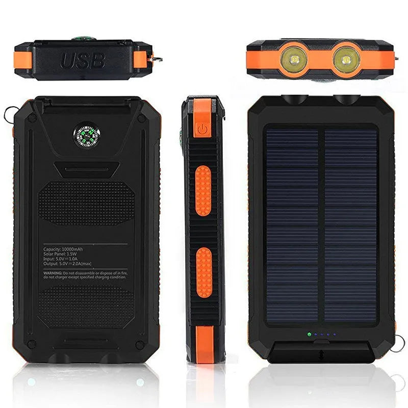 Strong waterproof solar power bank 20000mAh with compass in black shell, polymer lithium battery, outdoor charger