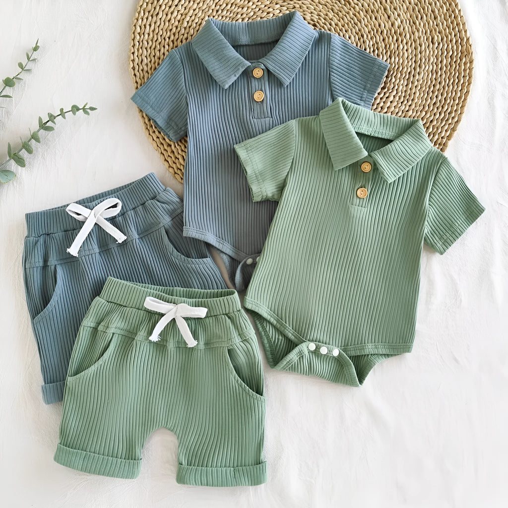 Boys' Kazakhstan suit two-piece set with letter-print short-sleeved shirt and shorts in army green or navy blue